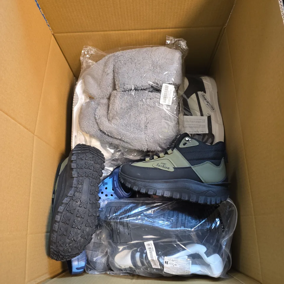 BOX OF APPROXIMATELY 25 ASSORTED SHOES IN VARIOUS COLOURS, STYLES AND SHAPES