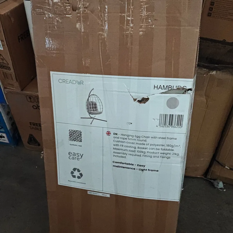 BOXED CREADAR HAMBURG HANGING EGG CHAIR IN GREY - 1 BOX