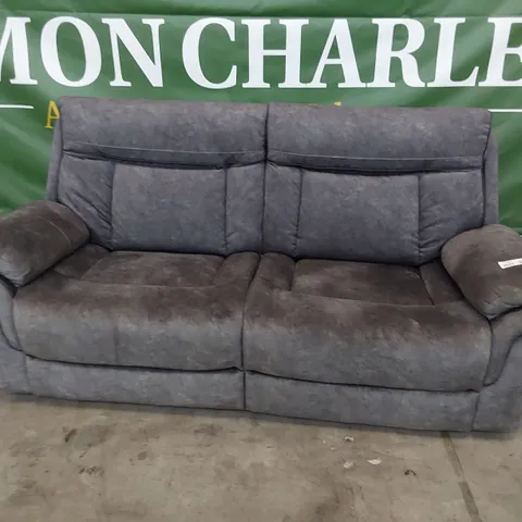 DESIGNER POWER RECLINING THREE SEATER SOFA GREY PLUSH FABRIC WITH BLACK PIPING