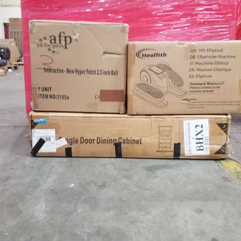 PALLET OF ASSORTED HOUSEHOLD GOODS AND PRODUCTS TO INCLUDE;MINI ELLIPTICAL,HYPER FETCH BALL FOR DOGS,SINGLE DOOR DOOR DINING CABINET 