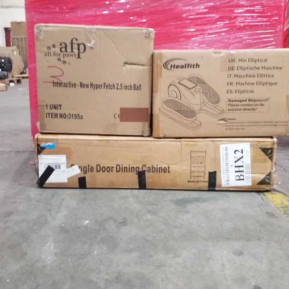 PALLET OF ASSORTED HOUSEHOLD GOODS AND PRODUCTS TO INCLUDE;MINI ELLIPTICAL,HYPER FETCH BALL FOR DOGS,SINGLE DOOR DOOR DINING CABINET 
