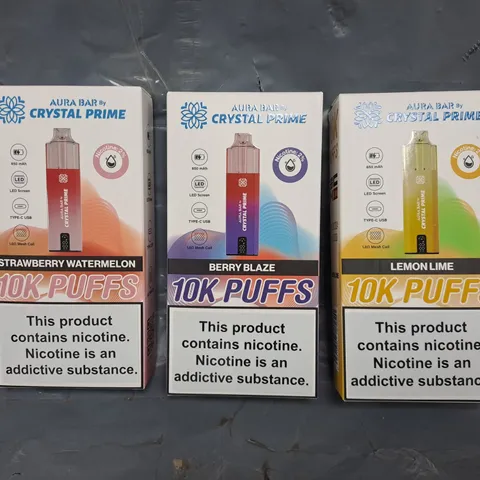 APPROXIMATELY 32 ASSORTED AURA BAR BY CRYSTAL PRIME E-CIGARETTE AND VAPE ITEMS