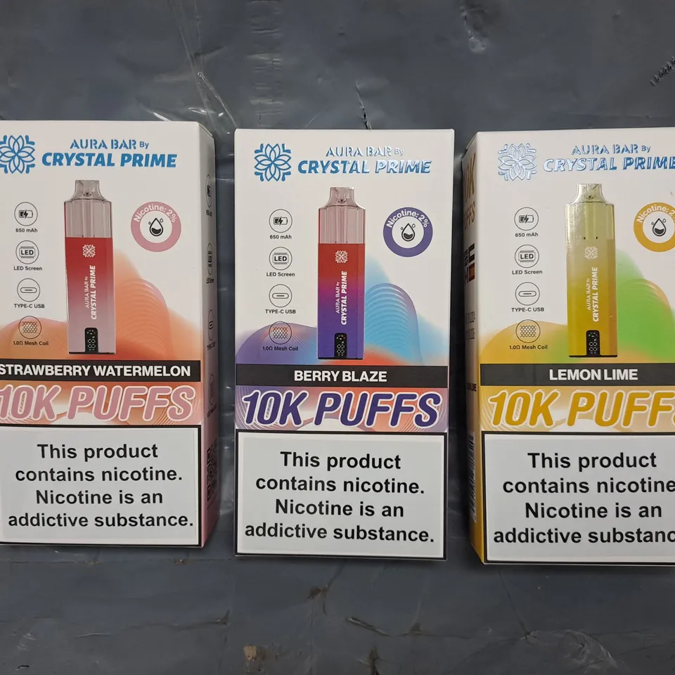 APPROXIMATELY 32 ASSORTED AURA BAR BY CRYSTAL PRIME E-CIGARETTE AND VAPE ITEMS