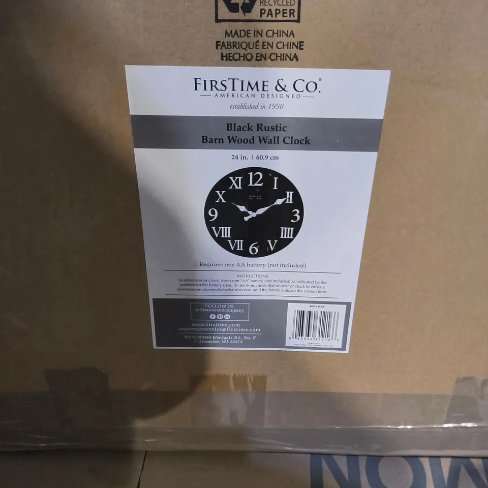 BOXED BLACK RUSTIC BARN WOOD WALL CLOCK