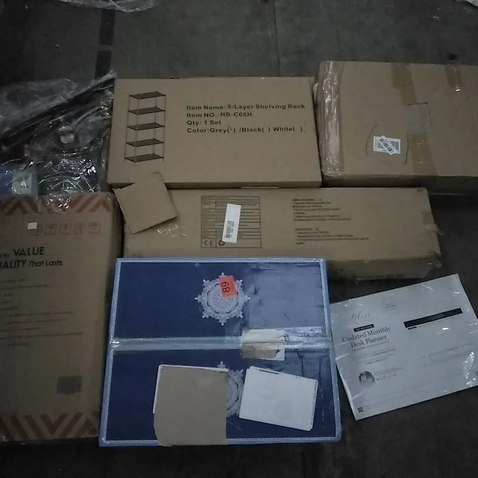 PALLET OF ASSORTED PRODUCTS INCLUDING 5 LAYER SHELVING RACK, UNDATED MONTHLY DESK PLANNER, PRESSURE WASHER, FANQUARE, OUTCAMER SKATEBOARD