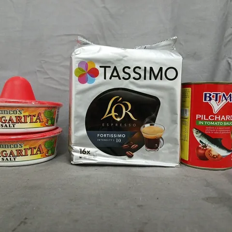 APPROXIMATELY 10 ASSORTED FOOD AND DRINK ITEMS TO INCLUDE TASSIMO, FRANCO'S MARGARITA SALT, ETC