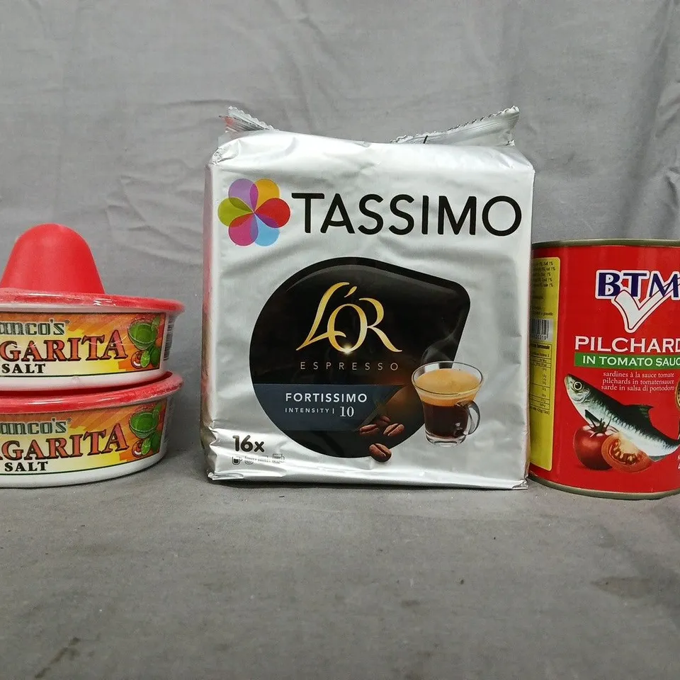 APPROXIMATELY 10 ASSORTED FOOD AND DRINK ITEMS TO INCLUDE TASSIMO, FRANCO'S MARGARITA SALT, ETC