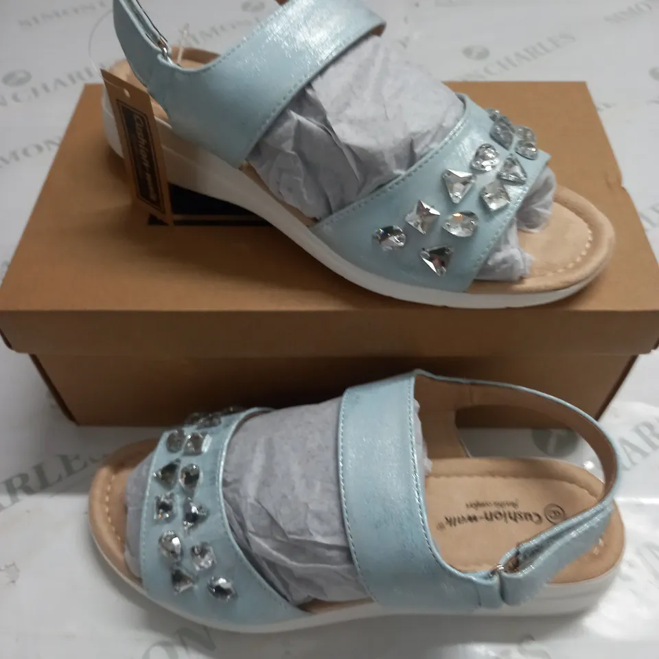 BOXED PAIR OF CUSHION WALK JEWELLED SANDALS IN SILVER - SIZE 6