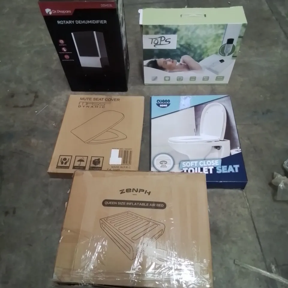 PALLET OF ASSORTED HOUSEHOLD GOODS AND PRODUCTS TO INCLUDE; TOILET SEATS, ROTARY DEHUMIDIFIER, ELECTRIC BLANKET, INFLATABLE AIR BED ETC