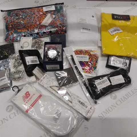 18 BRAND NEW ITEMS TO INCLUDE: WNEEDU DRESS, JOWEECHY MENS VEST TOP, STYLE YELLOW TSHIRT, EARRING, BRACELET, NEW BALANCE SOCKS, COLOUR ME KIDS WATCH