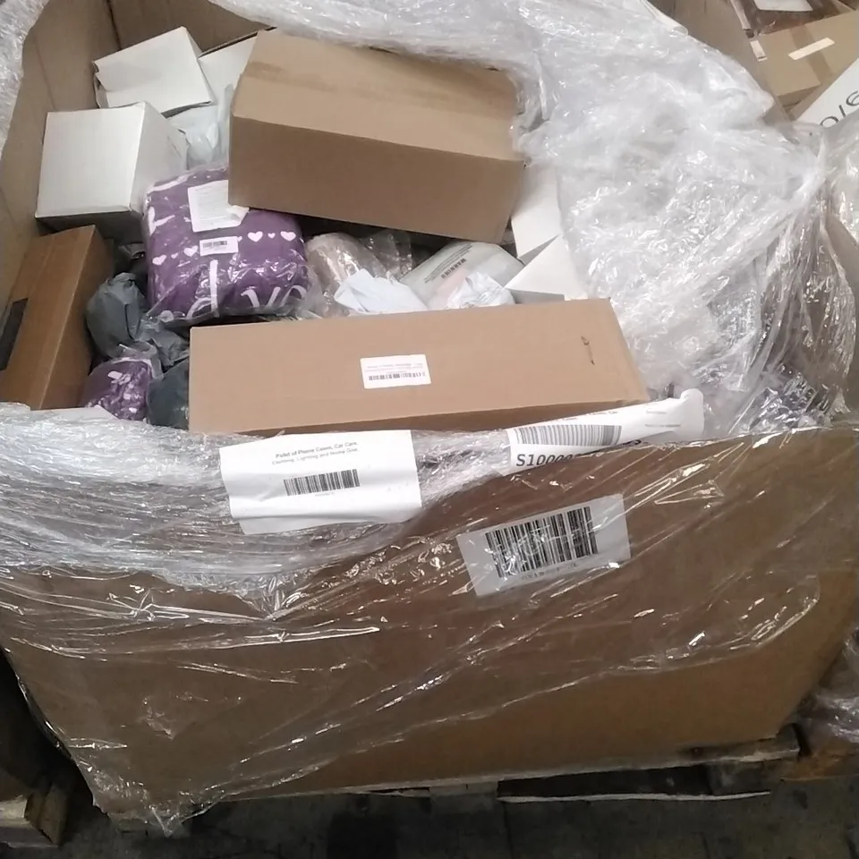 PALLET OF PHONE CASES, CAR CARE, CLOTHING. LIGHTING AND HOME GOODS ETC