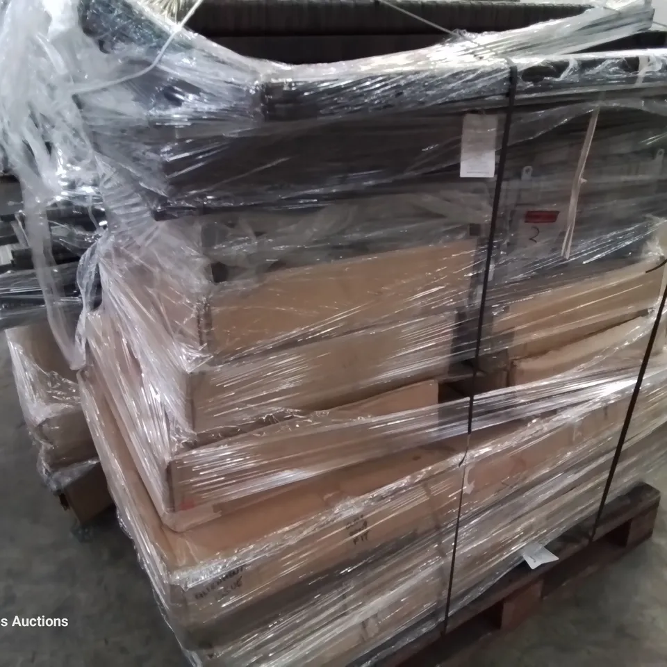 PALLET OF ASSORTED RATTAN GARDEN FURNITURE PARTS INCLUDING 5 × GREY TABLES, BROWN CUSHION BOX & PARTS