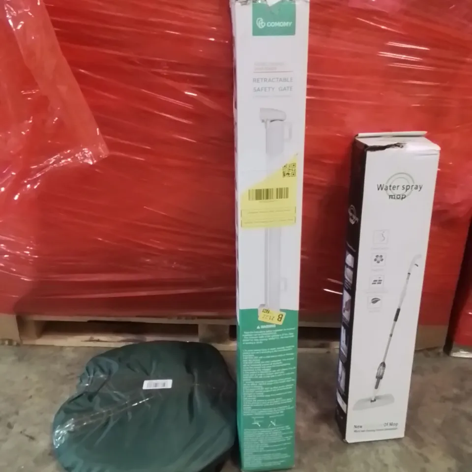 PALLET OF ASSORTED HOUSEHOLD GOODS AND PRODUCTS TO INCLUDE;WATER SPRAY MOP,RETRACTABLE SAFETY GATE,MOSQUITO NET 