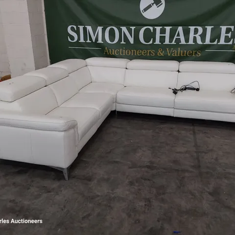 QUALITY ITALIAN DESIGNER FLAVIO POWER RECLINING CORNER GROUP WITH ADJUSTABLE HEADRESTS WHITE LEATHER