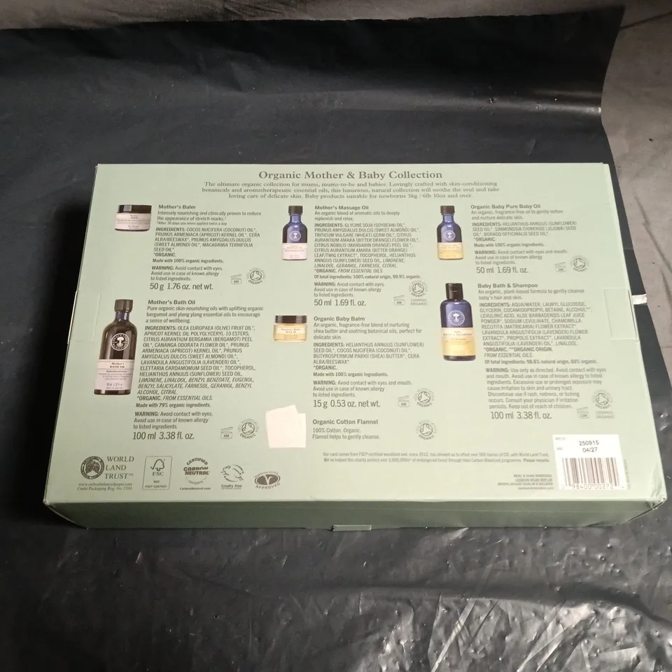 NEALS YARD REMEDIES ORGANIC MOTHER & BABY COLLECTION GIFT SET – BATH OILS, BABY BATH & COTTON FLANNEL 
