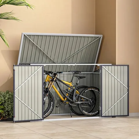 BOXED AULI 7FT W × 3FT D METAL APEX BIKE SHED (2 BOXES)