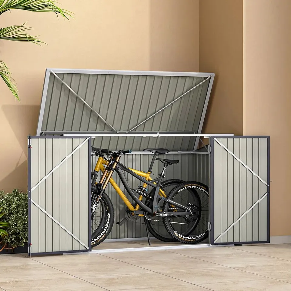 BOXED AULI 7FT W × 3FT D METAL APEX BIKE SHED (2 BOXES)
