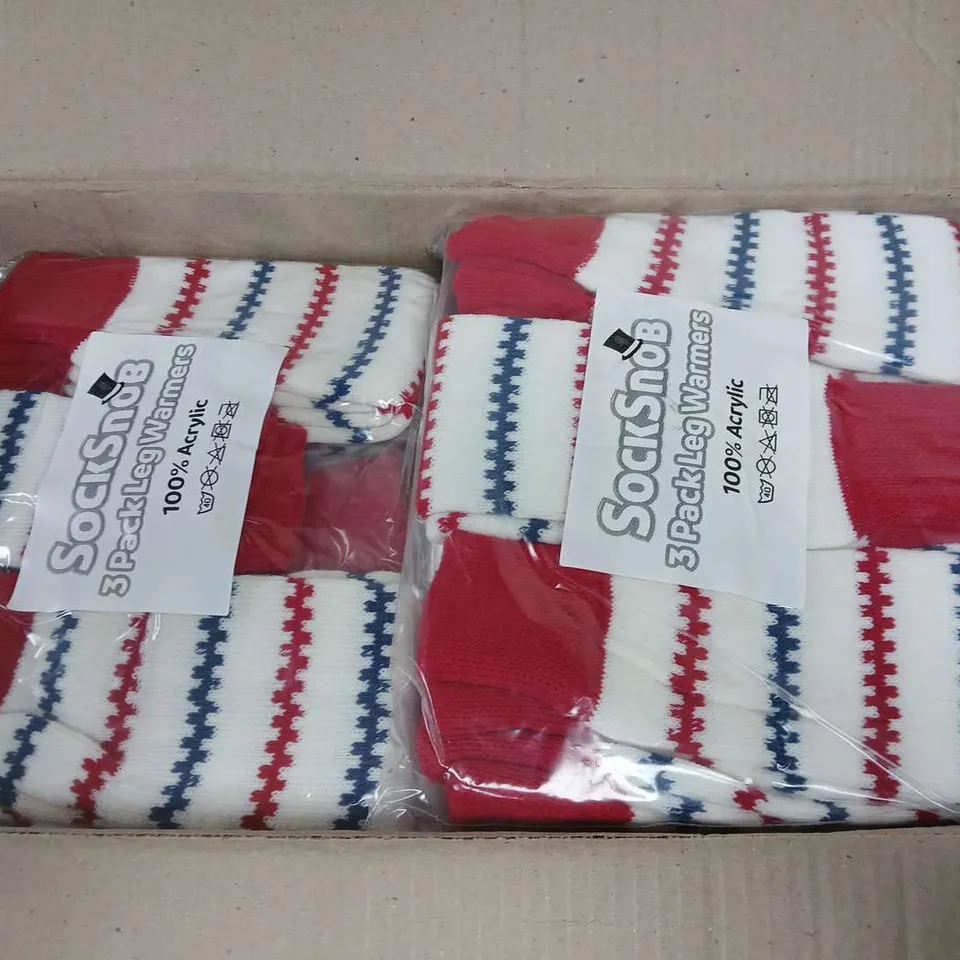 APPROXIMATELY 60 PAIRS OF PATTERNED SOCK SNOB LEG WARMERS IN RED/WHITE