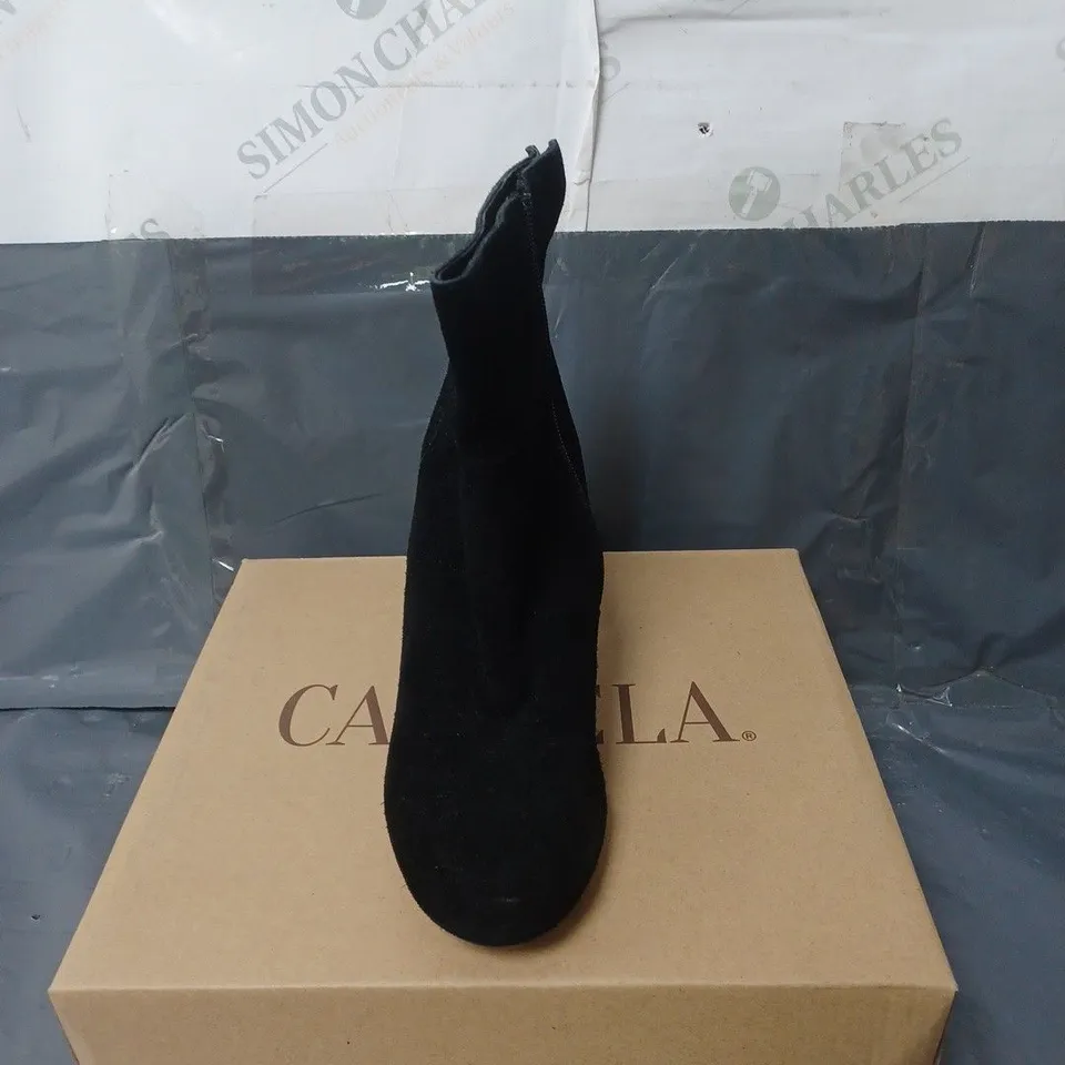 BOXED PAIR OF BLACK SUEDE ANKLE BOOTS SIZE 36