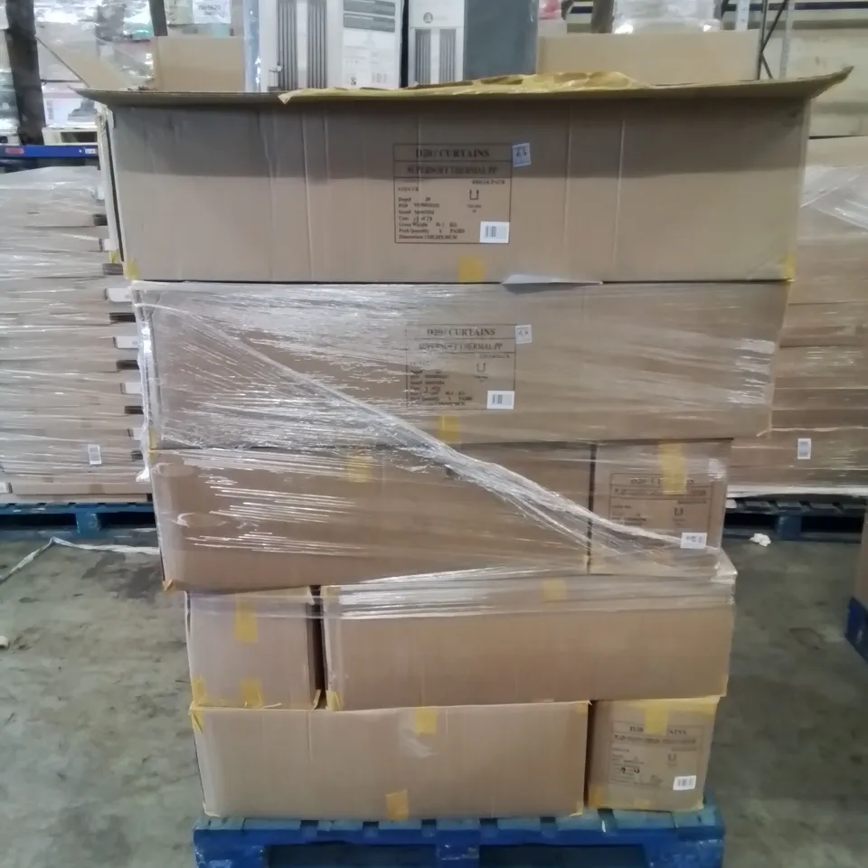 PALLET CONTAINING APPROXIMATELY 18 BOXES OF SUPER SOFT PENCIL PLEAT THERMAL BLACKOUT CURTAINS 168CM W 137CM D