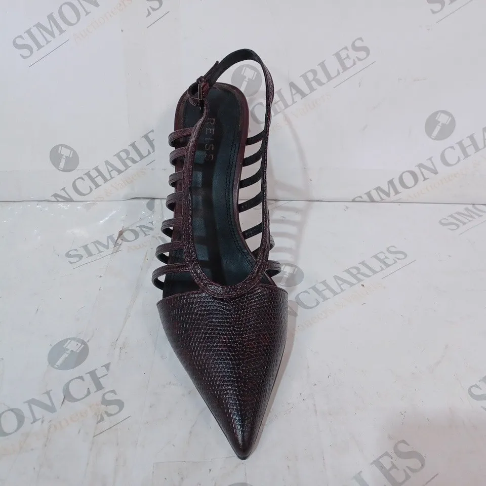 BOXED PAIR OF REISS DAPHNE SLINGBACK HEELS IN POMEGRANATE SIZE 6