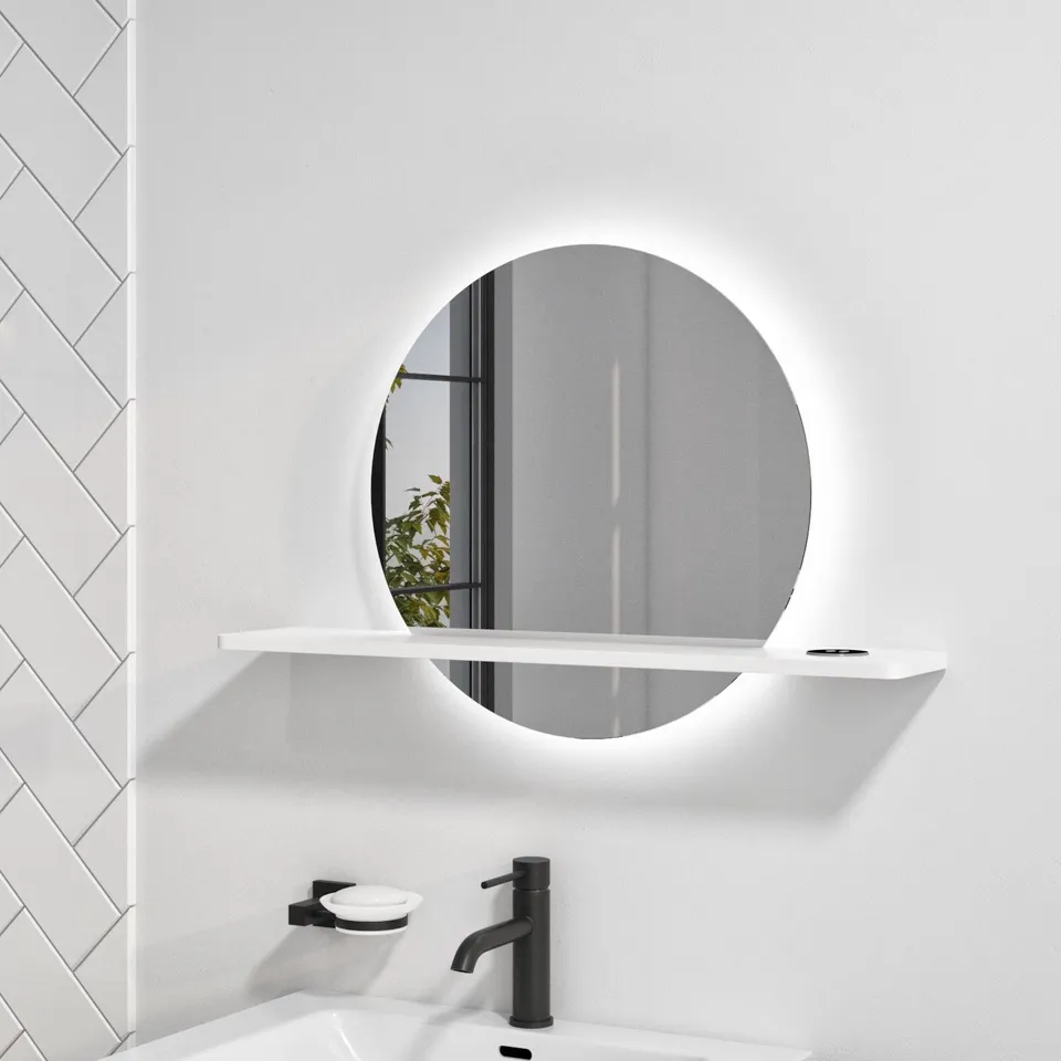 BOXED GRADE 1 ROUND LED BATHROOM MIRROR WITH WHITE SHELF 500MM