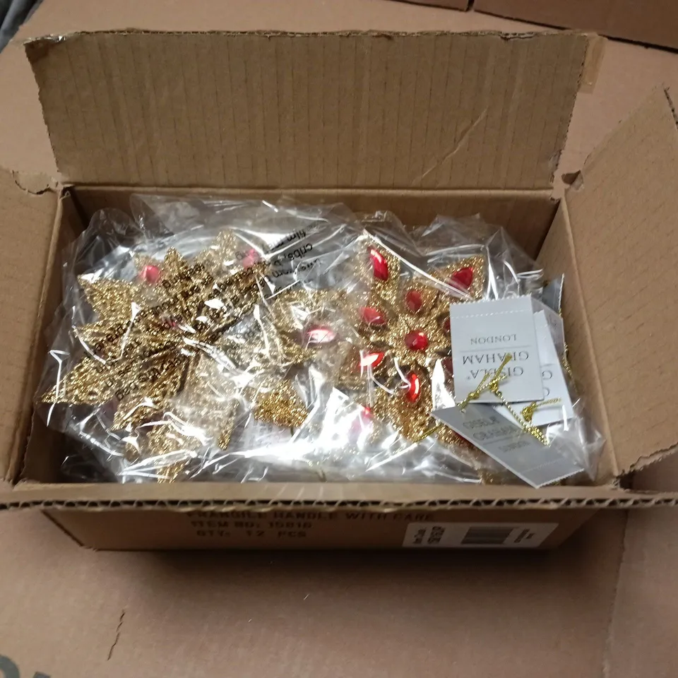 LOT OF 12 AS NEW GISELLA GRAHAM DECORATIVE STAR HANGING TREE DECORATIONS IN GOLD