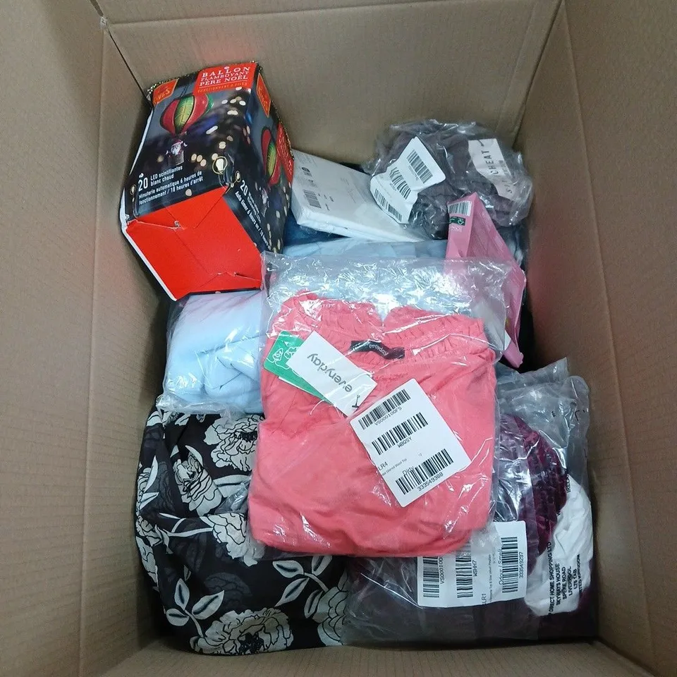 BOX OF APPROXIMATELY 20 ASSORTED HOUSEHOLD ITEMS INCLUDING GARNIER MASK FACE AND EYE, VERY ONE SIZE 180 THREAD COUNT SIZE, CHRISTMAS BALLOON DECORATION, BARDOT GOLD DETAIL TOP