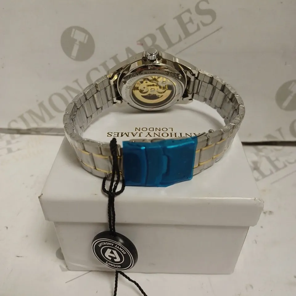 BOXED ANTHONY JAMES WATCH - TWO TONE STAINLESS STEEL - AUTOMATIC - SKELETON FACE - WATER RESISTANT. 