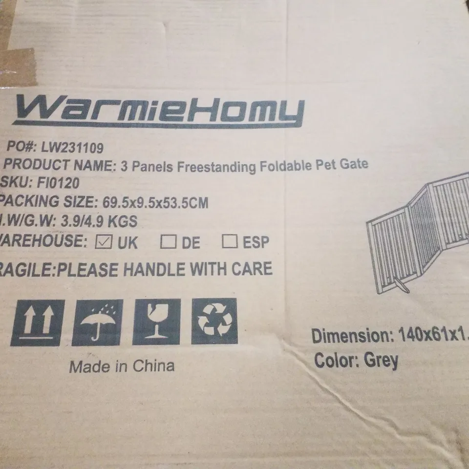 BOXED WARMIEHOMY 3 PANELS FREESTANDING FOLDABLE PET GATE - GREY
