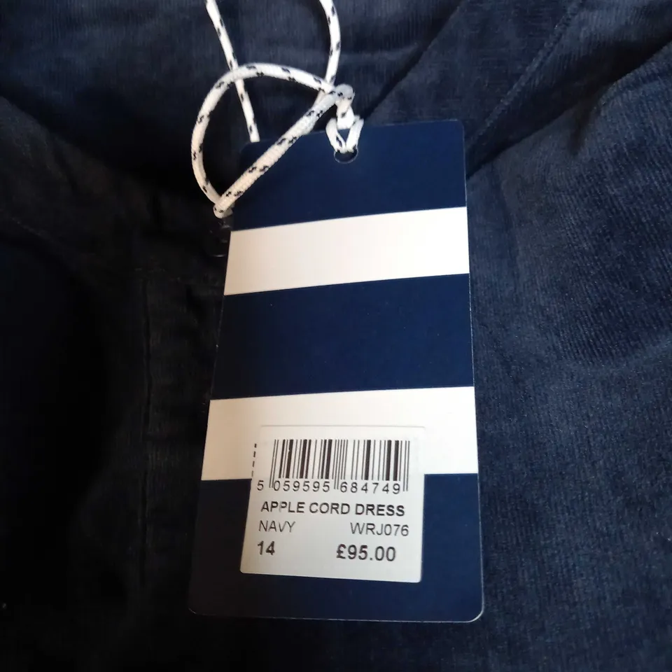 CREW CLOTHING COMPANY NAVY APPLE CORD DRESS - SIZE 14