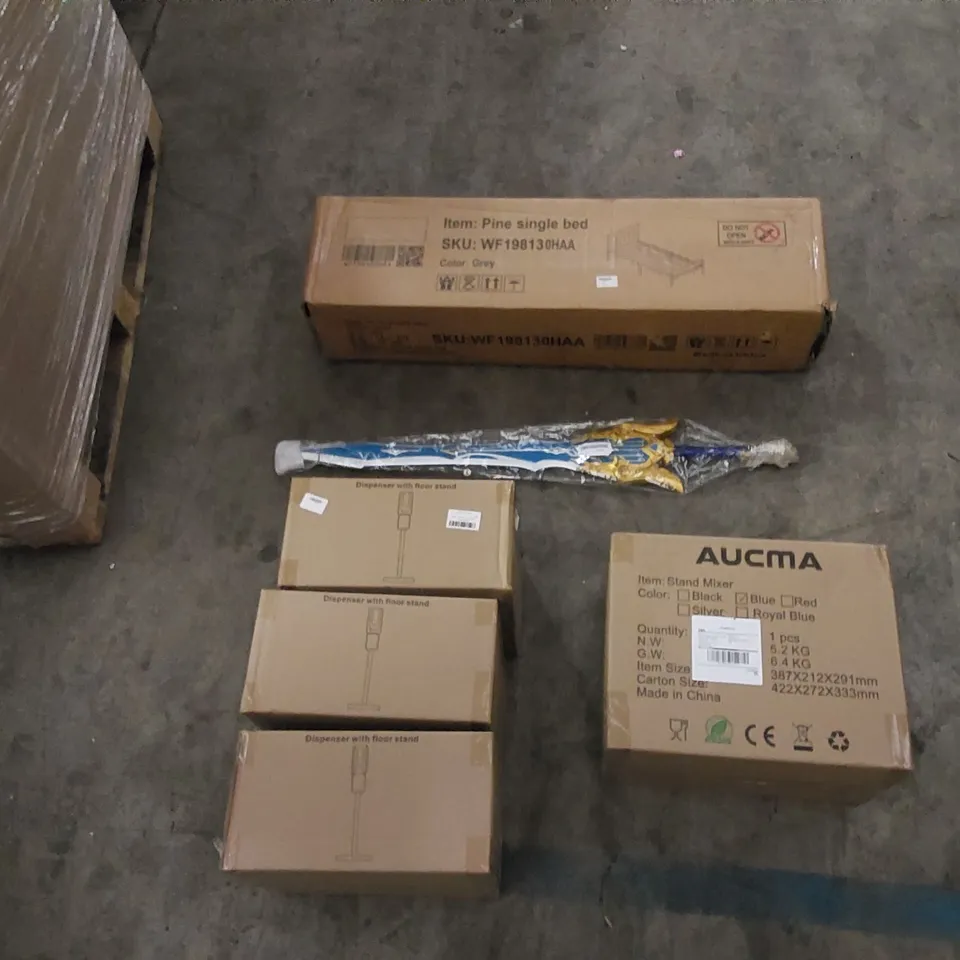 PALLET TO CONTAIN ASSORTED HOUSEHOLD ITEMS AND CONSUMER PRODUCTS. INCLUDING DISPENSERS WITH FLOOR STANDS, STAND MIXER, BED, TOY SWORD ETC