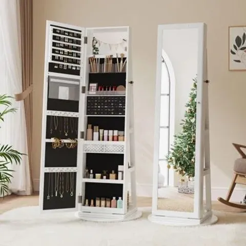 BOXED 360° SWIVEL LOCKABLE JEWELRY MIRROR CABINET WITH STORAGE SHELVES (1 BOX)