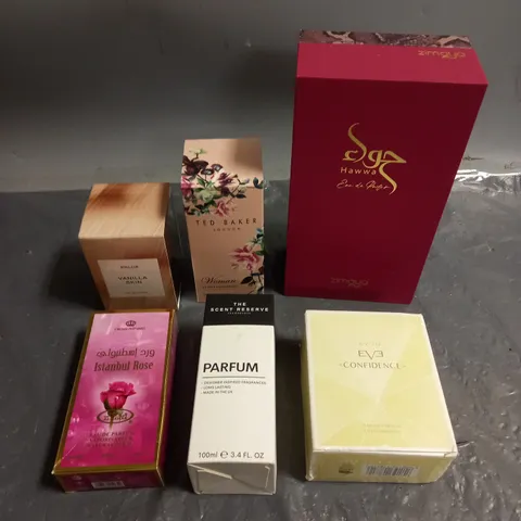 BOX OF APPROXIMATELY 6 ASSORTED BOXED FRAGRANCES TO INCLUDE - TED BAKER WOMAN - PHLUR VANILLA SKIN - AVON EVE CONFIDENCE - ETC