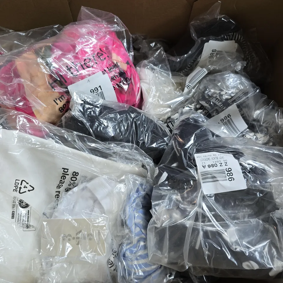 APPROXIMATELY 18 ASSORTED CLOTHING ITEMS IN VARIOUS SIZES, STYLES & SIZES TO INCLUDE WHITE LINEN TROUSERS, SOFT CUP BLACK BRA, PRINT FRILL MAXI DRESS, ETC - COLLECTION ONLY