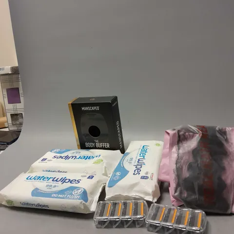 APPROXIMATELY 12 ASSORTED COSMETICS AND BEAUTY ITEMS TO INCLUDE WATER WIPES , BODY BUFFER SYNTHETIC HAIR , ETC