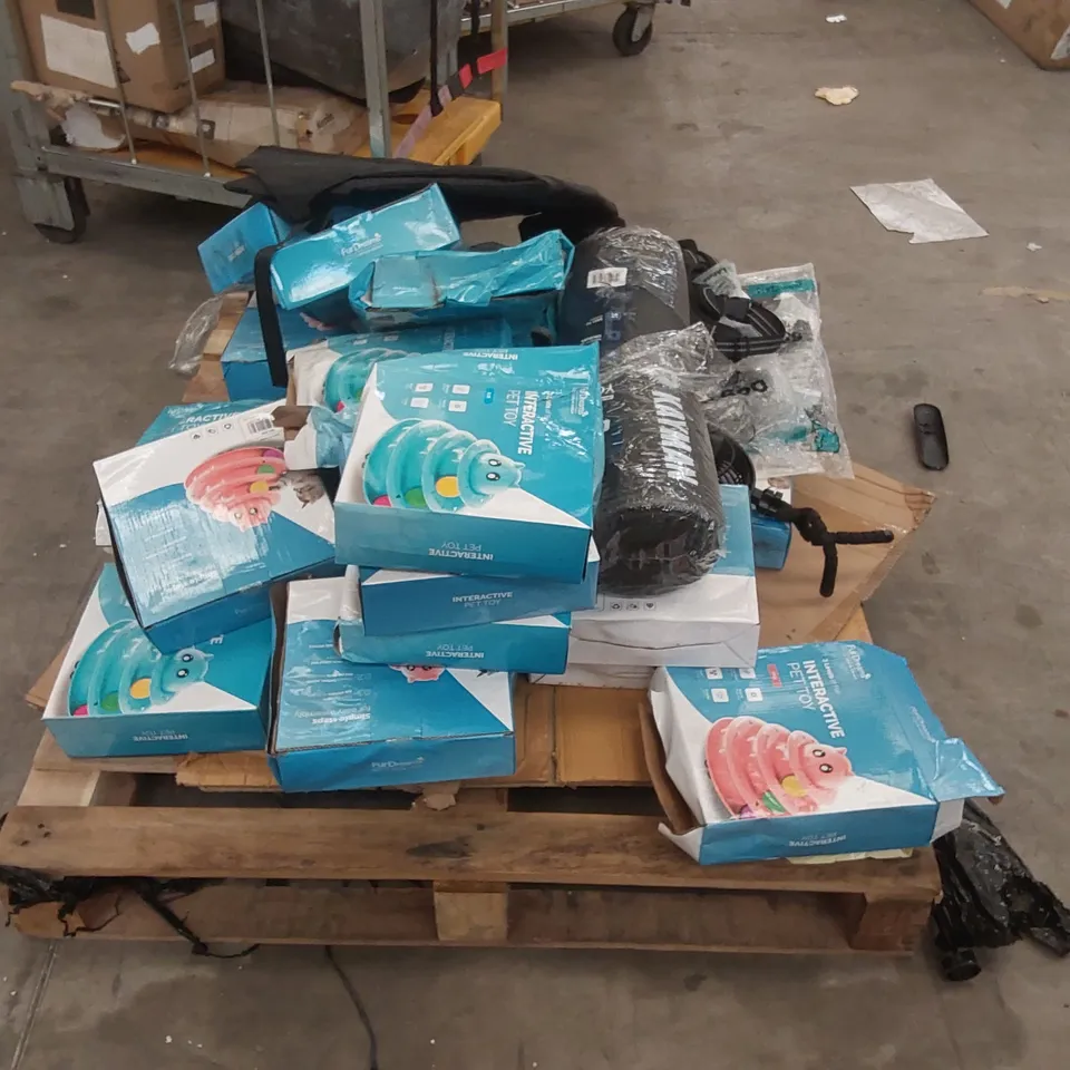 PALLET OF ASSORTED CONSUMER PRODUCTS INCLUDING: INTERACTIVE PET TOYS, FOAM ROLLER, FAN ECT 