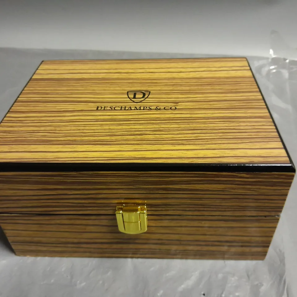 MENS AUTOMATIC DESCHAMPS & CO WATCH WITH SKELETON DIAL, GLASS EXHIBITION BACK CASE, RUBBER STRAP AND WOODEN GIFT BOX