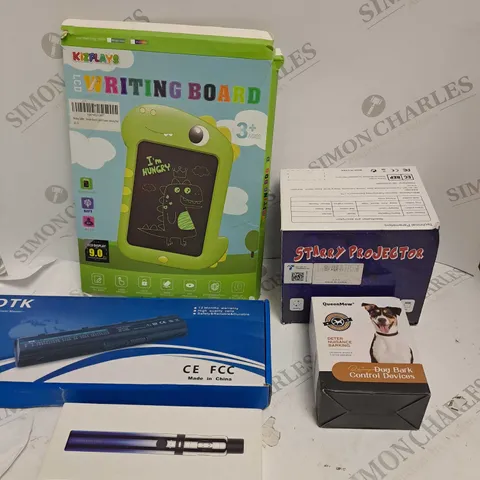 BOX OF APPROXIMATELY 5 ASSORTED HOUSEHOLD & ELECTRICAL PRODUCTS TO INCLUDE LCD WRITING BOARD, STARRY PROJECTOR, DOG BARK CONTROL DEVICE ETC