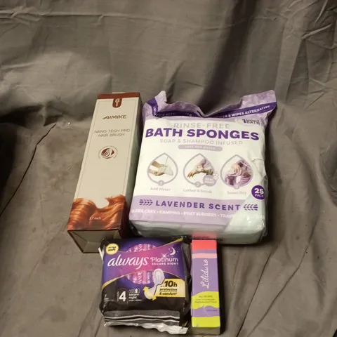 APPROXIMATELY 15 X ASSORTED COSMETIC ITEMS TO INCLUDE BATH SPONGES, AIMIKE HAIR BRUSH, ALWAYS, ALL IN ONE SWIRL PRIMER ETC