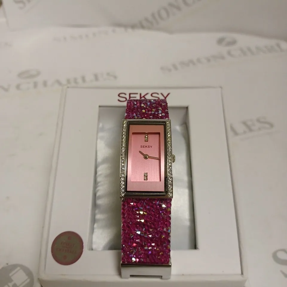 BOXED SEKSY WOMENS PINK CRYSTAL SQUARE WATCH - PINK & SILVER