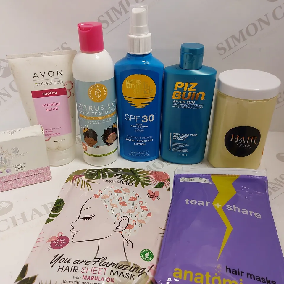 BOX OF APPROX 20 COSMETIC ITEMS TO INCLUDE BONDI SANDS WATER RESISTANT LOTION, PIZ BUIN MOISTURISING LOTION, DERMAV10 HAIR SHEET MASK