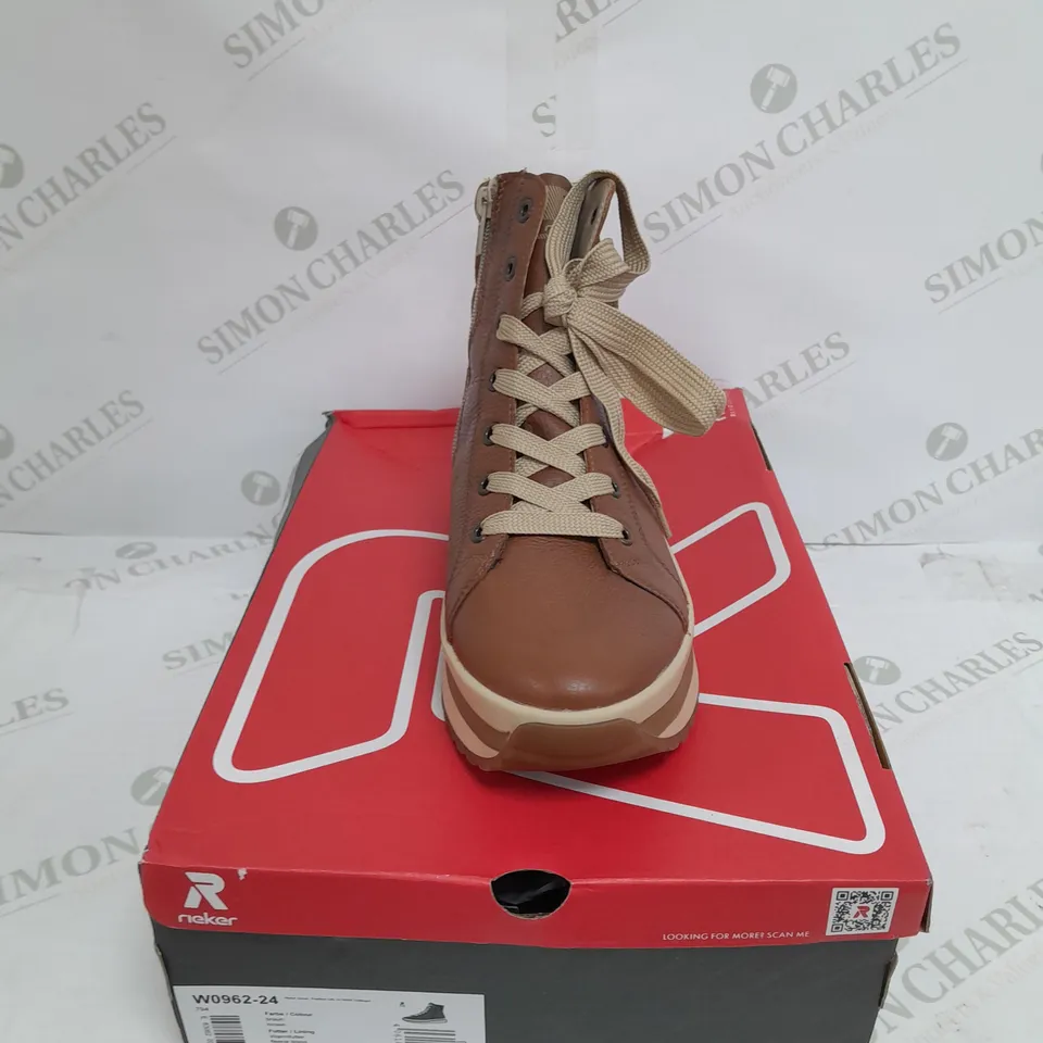 BOXED PAIR OF RIEKER HIGH TOP TRAINERS IN TAN SIZE 5