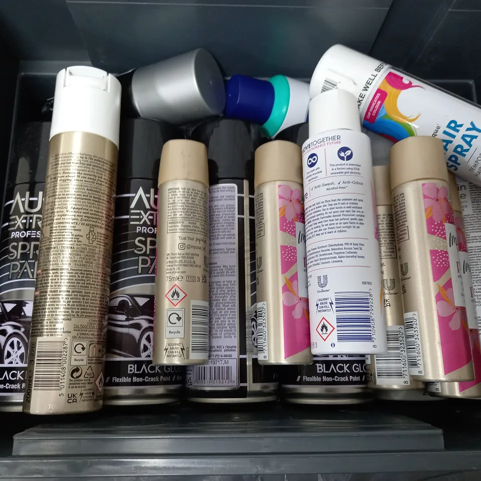 APPROXIMATELY 16 ASSORTED AEROSOLS TO INCLUDE AUTO EXTREME SPRAY PAINT IN BLACK GLOSS (220g), UNIQUE HAIR SPRAY (133ml), SURE BRIGHT BOUQUET (150Ml), ETC - COLLECTION ONLY