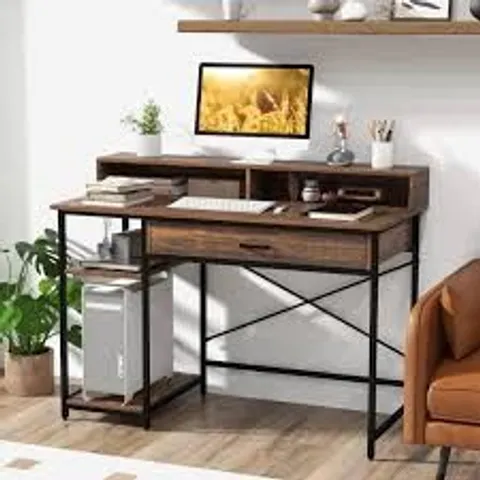 BOXED COSTWAY SINGLE DRAWER COMPUTER DESK WITH MONITOR STAND BROWN (1 BOX)