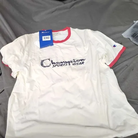 CHAMPION T‑SHIRT – WHITE WITH RED TRIM, UK LARGE