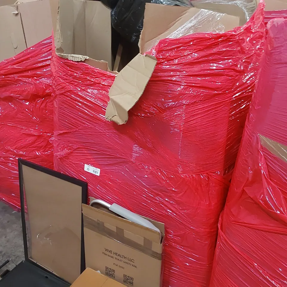 LARGE PALLET OF ASSORTED HOUSEHOLD PRODUCTS TO INCLUDE; PICTURE FRAME, VIVE TOILET SAFETY RAIL, BUCKET STORAGE, SIGNSTEKBED SAFETY RAIL
