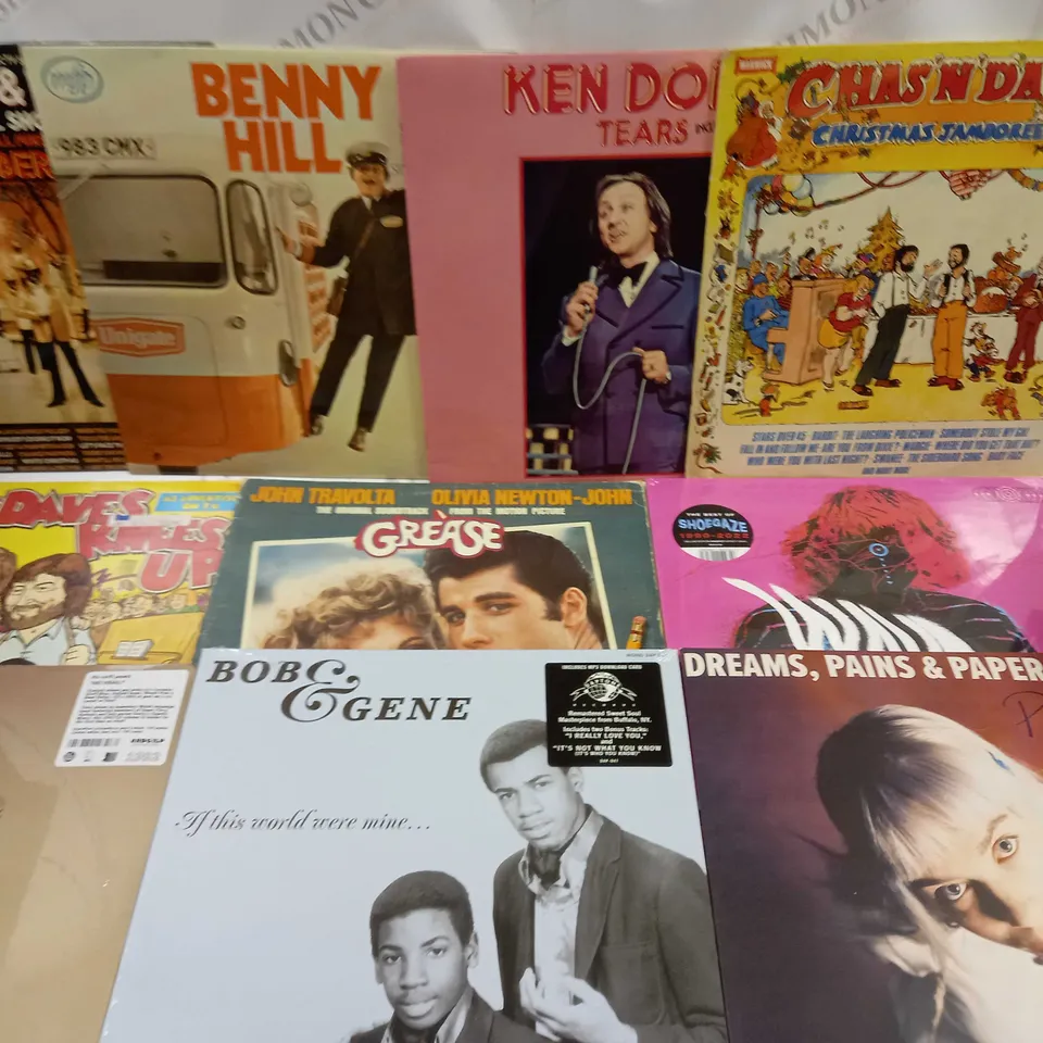 LOT OF 10 ASSORTED VINYL RECORDS TO INCLUDE GREASE SOUNDTRACK, WAVES OF DISTORTION AND KEN DODD
