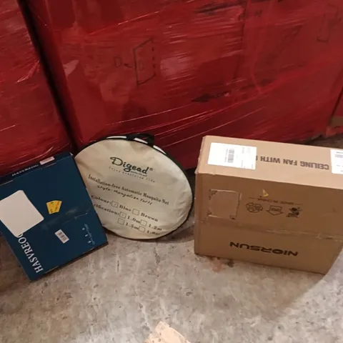 PALLET OF ASSORTED ITEMS INCLUDING - MOSQUITO NET, CEILING FAN, KITCHEN FAUCET