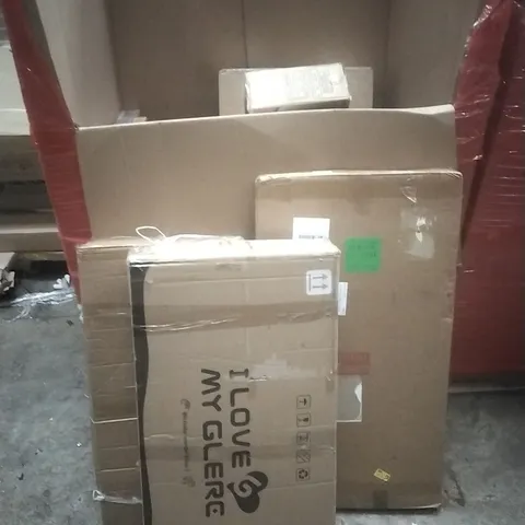 PALLET OF ASSORTED HOUSEHOLD GOODS AND PRODUCTS TO INCLUDE; BIKE, MIRROR, BOXED FURNITURE ETC
